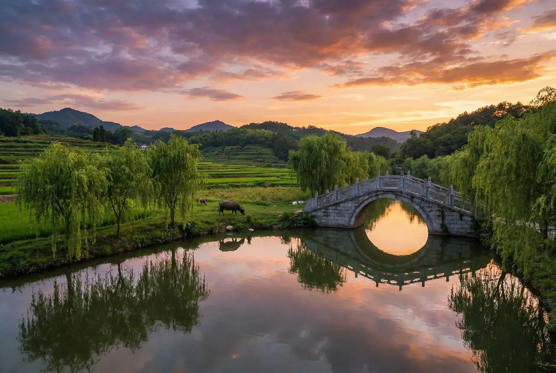 夕阳下的石拱桥与垂柳，水牛在河边吃草 - 高清国语自产拍在线 乡村美景